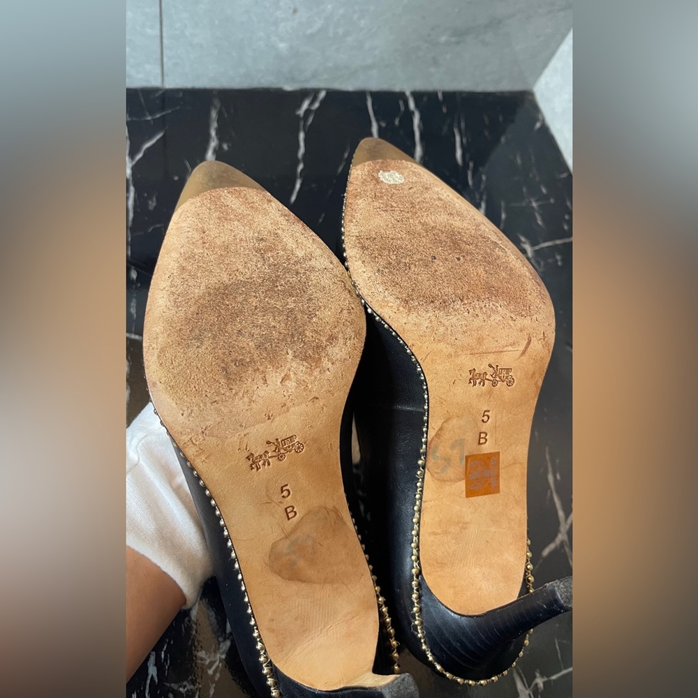 Coach Black Leather Pointed Toe Pumps with Gold Braided Trim - Picture 12 of 14